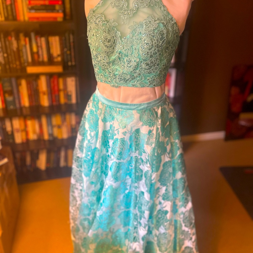 Two piece floral and lace prom or pageant gown